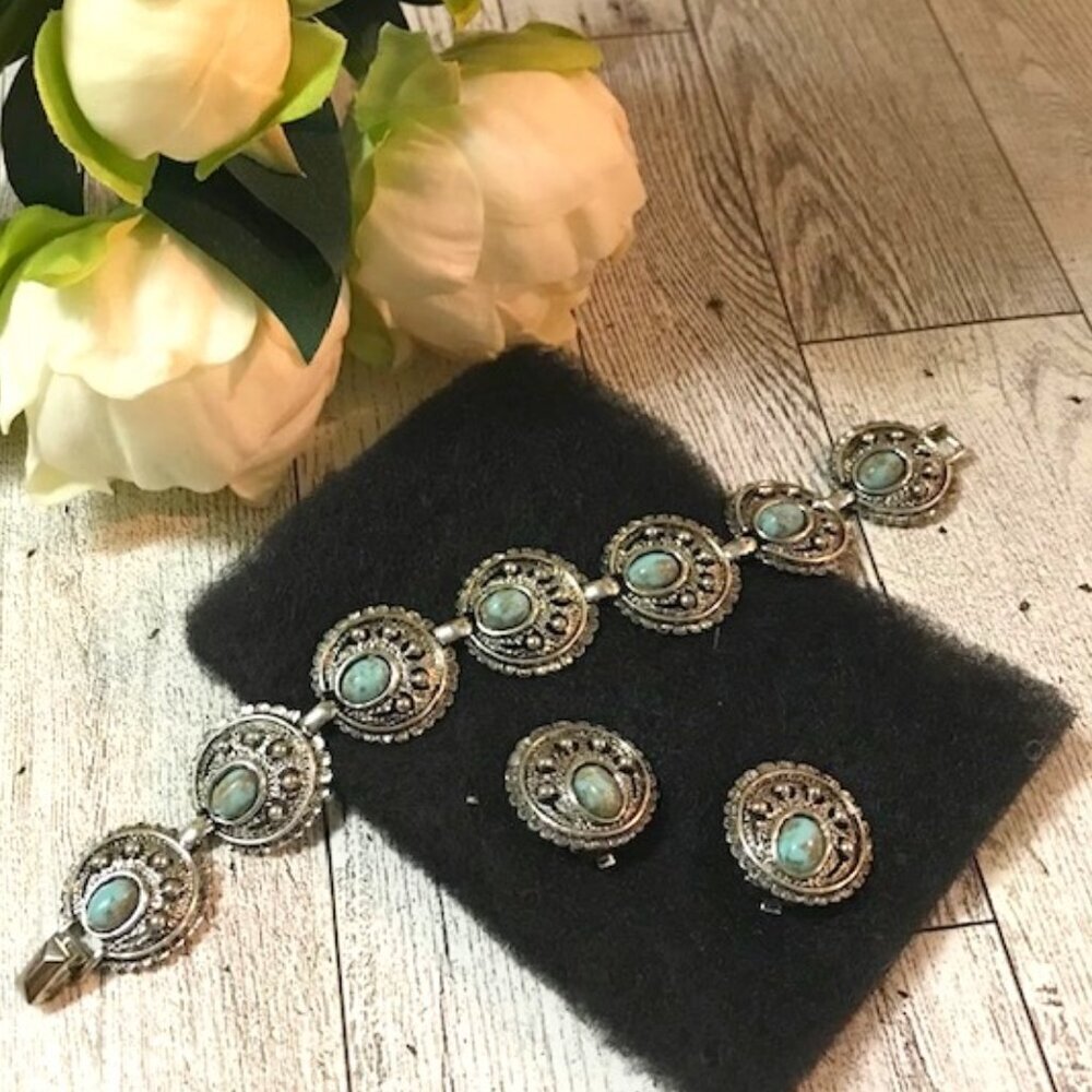 Sarah Coventry Silver-Tone Bracelet and Earring Set with Turquoise Accents